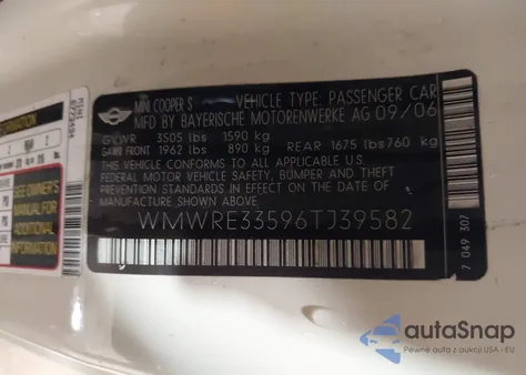 2006 Mini Cooper S z USA, uszkodzony, nr VIN WMWRE33596TJ39582